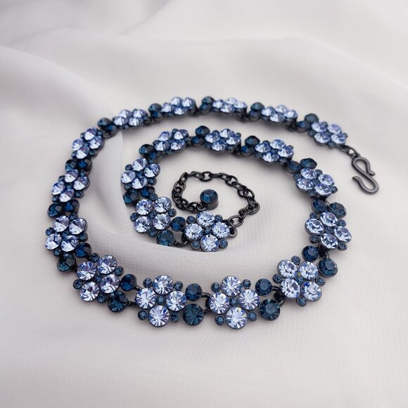 Givenchy Pastel Navy Blue Rhinestone Jewel Crystal Flower Floral Choker Necklace - Picture 3 of 12